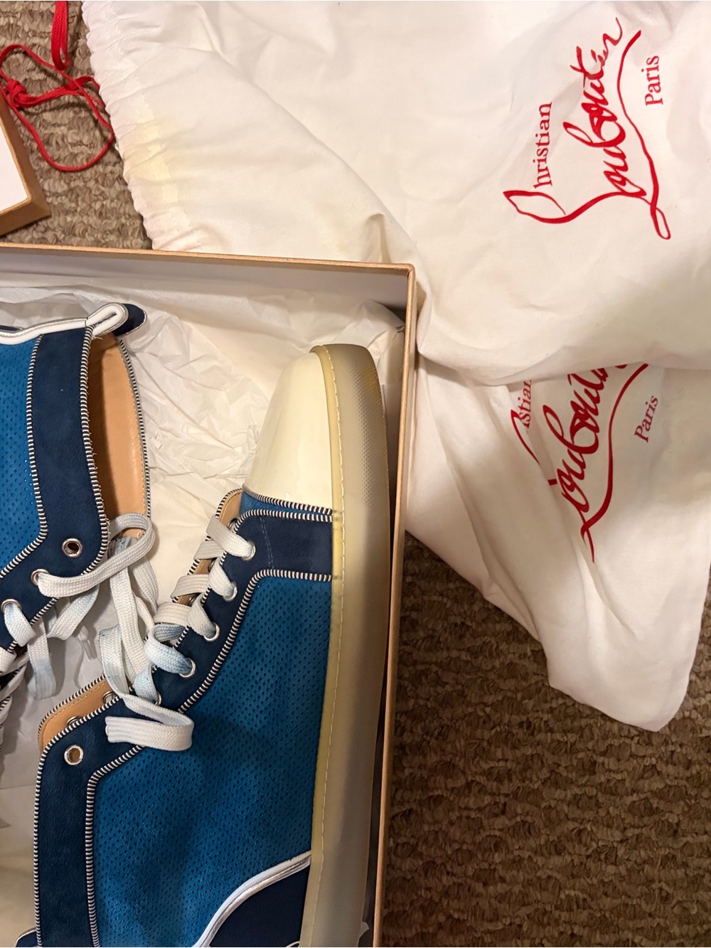 Christian Louboutin Blue Suede High-Top Sneakers with Cream Toe